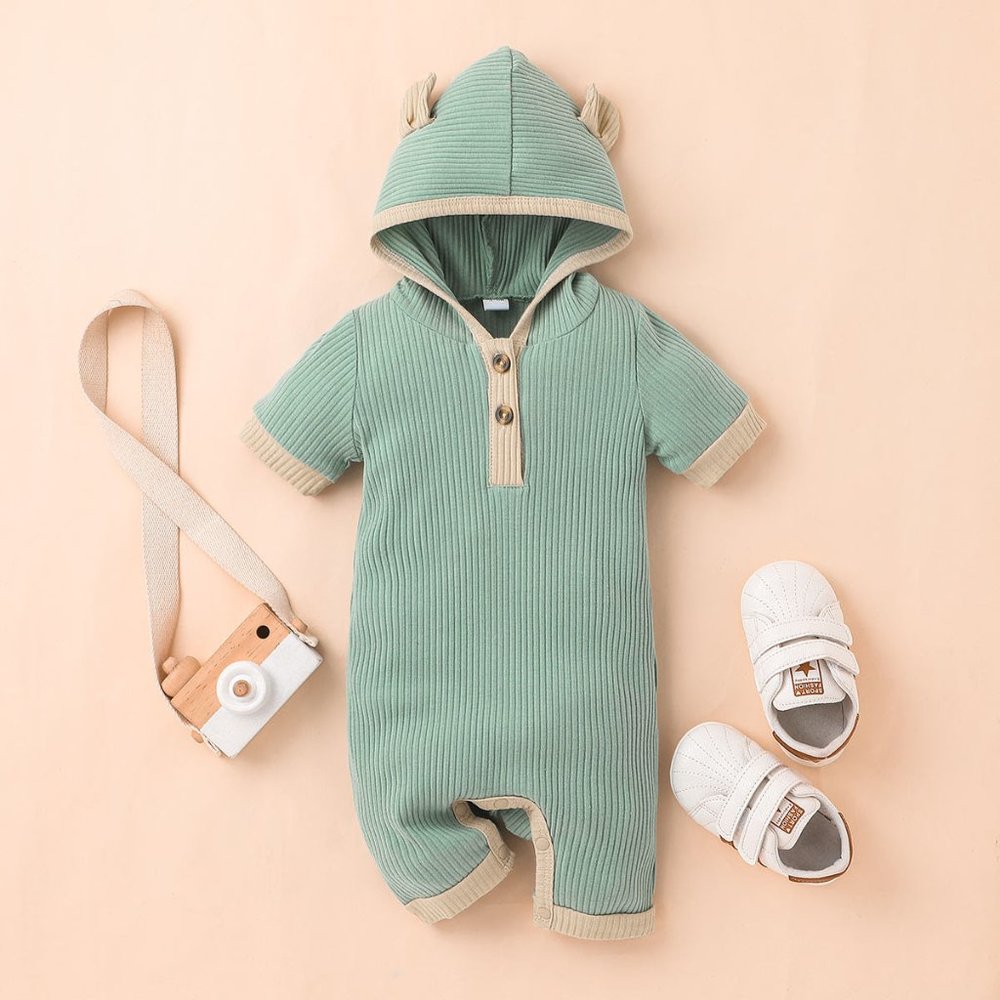 Baby Boy Solid Ribbed 3D Ears Hooded Short-sleeve Romper